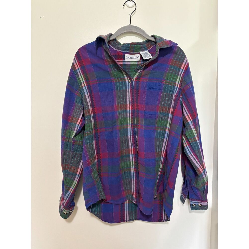 Cabin Creek Plaid Button Up Cotton Shirt Women Large Purple Green Boho Grunge
